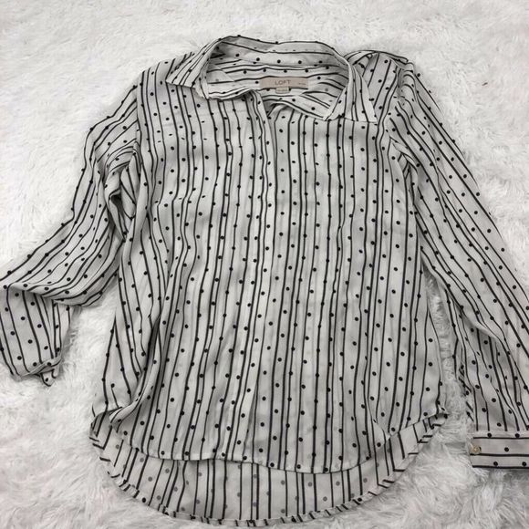 LOFT Tops - LOFT Womens Button Up Shirt White Black Stripe Polka Dot Long Sleeve Petites XSP